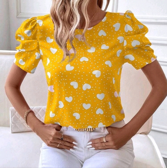 Casual Heart & Polka Dot Print Puff Sleeve Blouse - Picture 4 of 4